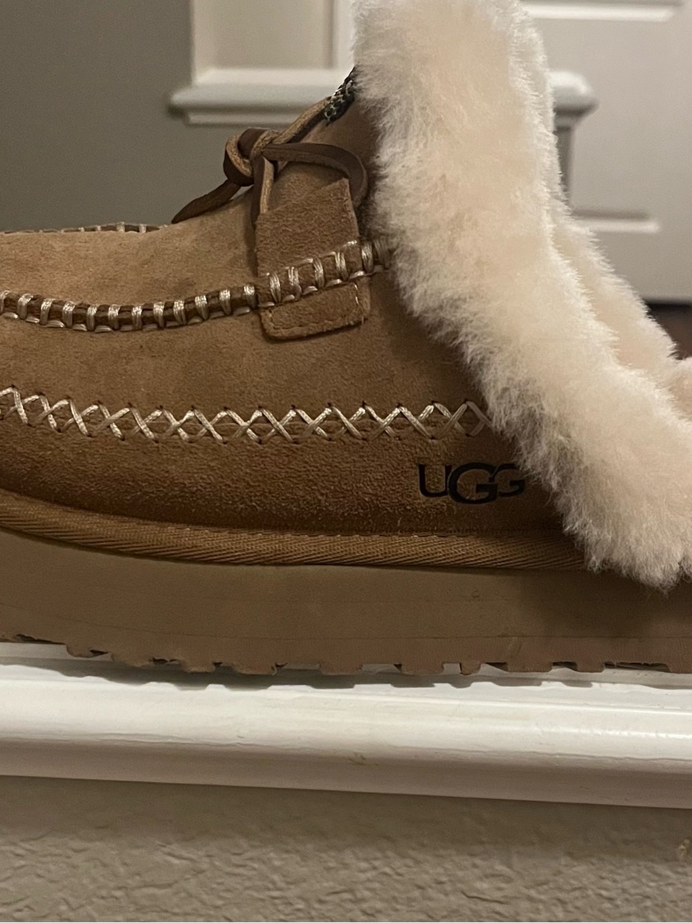 UGG  Chestnut Suede Shearling-Lined Moccasin Slippers - Picture 10 of 11